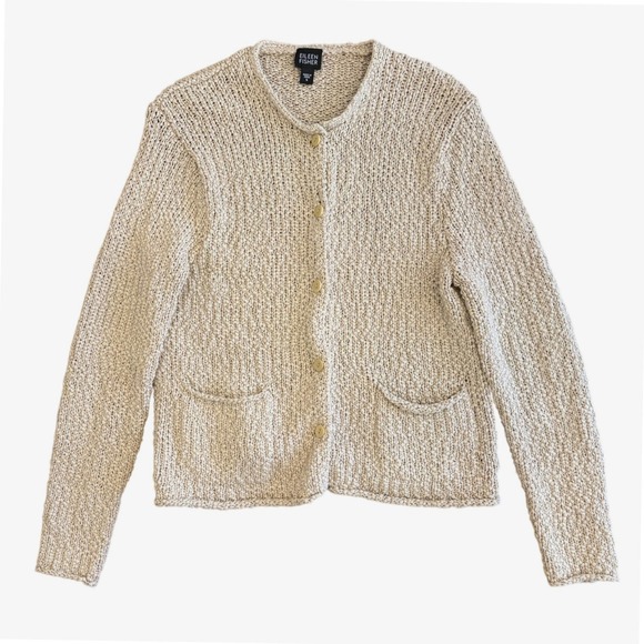 Eileen Fisher Sweaters - Eileen Fisher Boucle Silk Cotton Cardigan S Beige Knit Button Front Boho Beachy